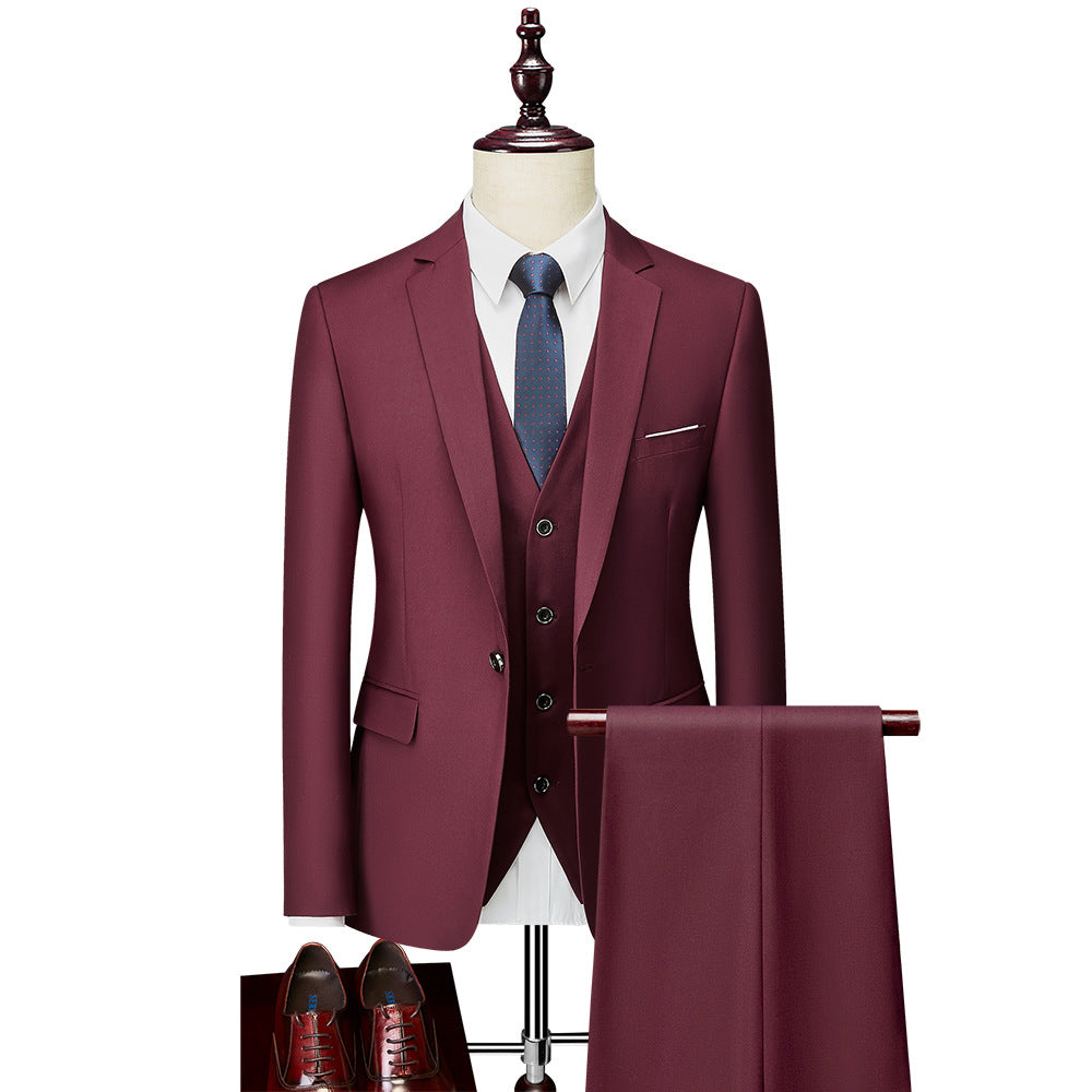 Men's Business Casual Three-Piece Suit – 24 Colors, Spring/Autumn Burgundy 175-L
