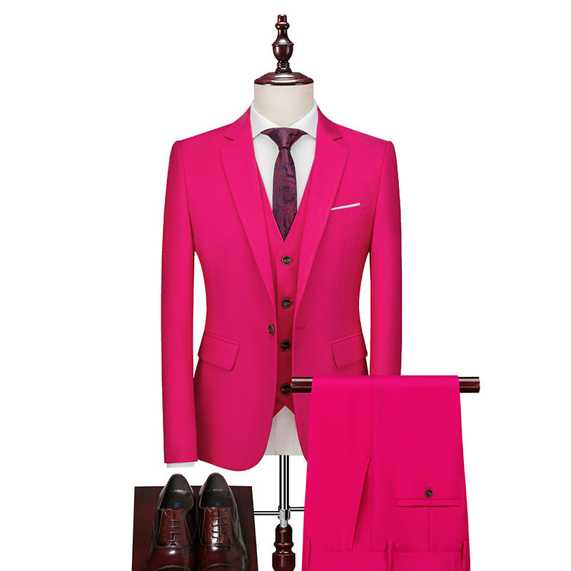 Men's Business Casual Three-Piece Suit – 24 Colors, Spring/Autumn Rose Red 175-L