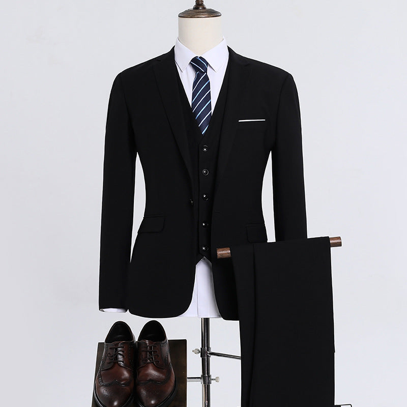 Men's Korean-Style Slim Fit Three-Piece Suit – Acetate Blend Black 1-Button Suit Shirt Trousers 6XL