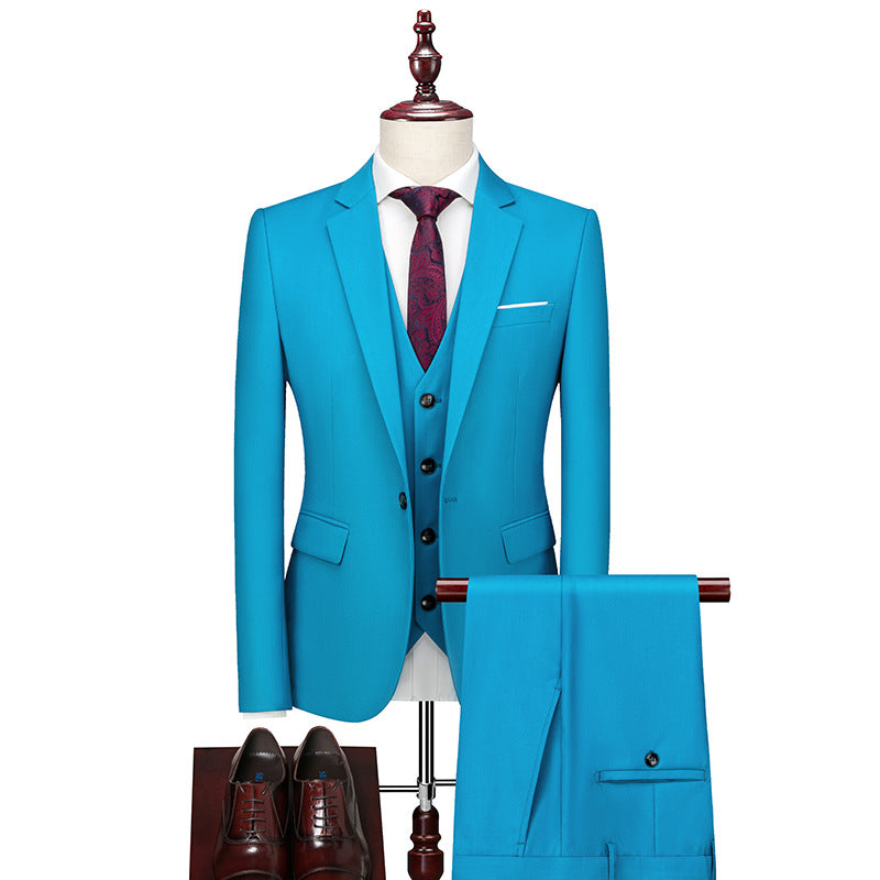 Men's Business Casual Three-Piece Suit – 24 Colors, Spring/Autumn Shallow Sea Blue 180-XL