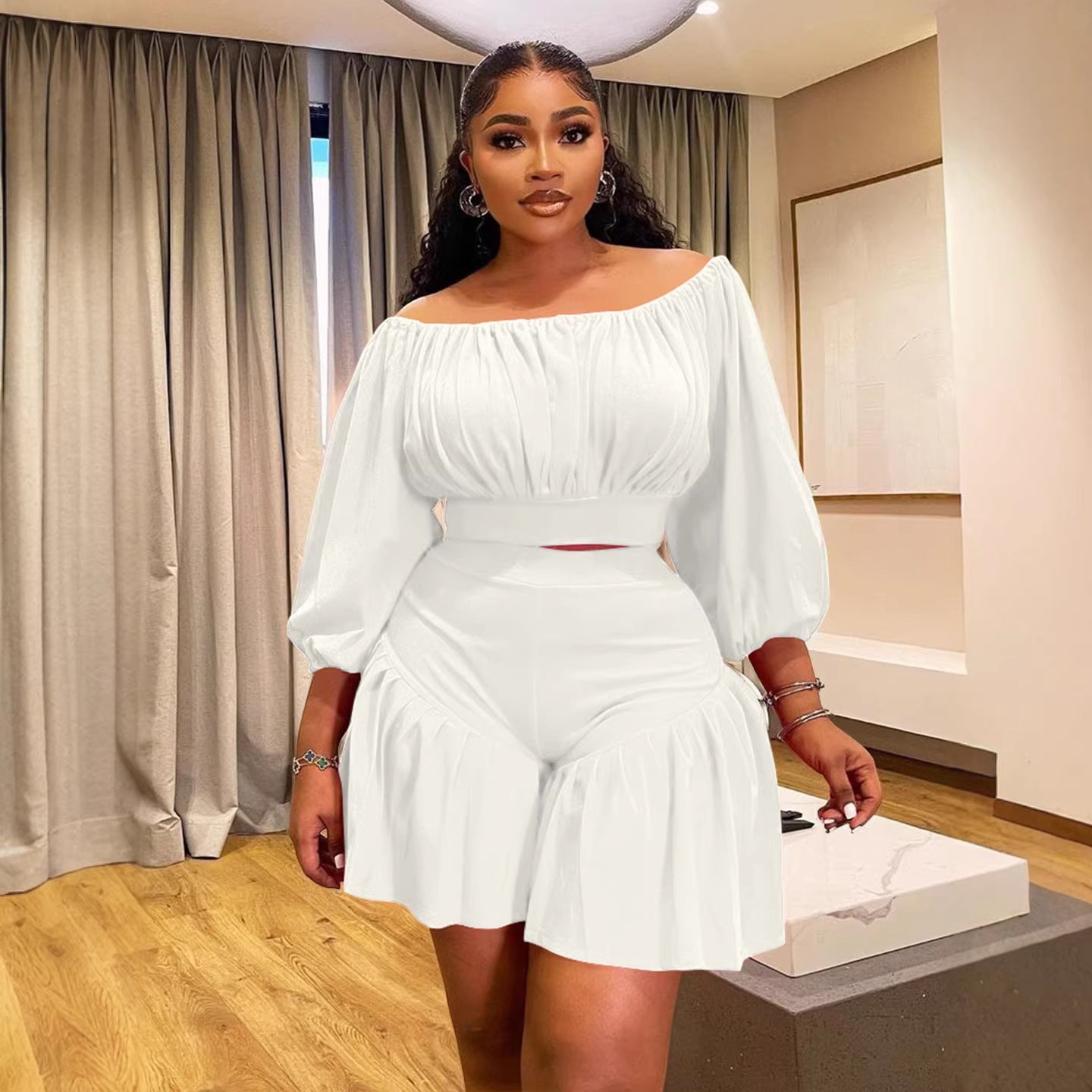 Plus-Size Off-Shoulder Pleated Two-Piece Set | 8 Colors
