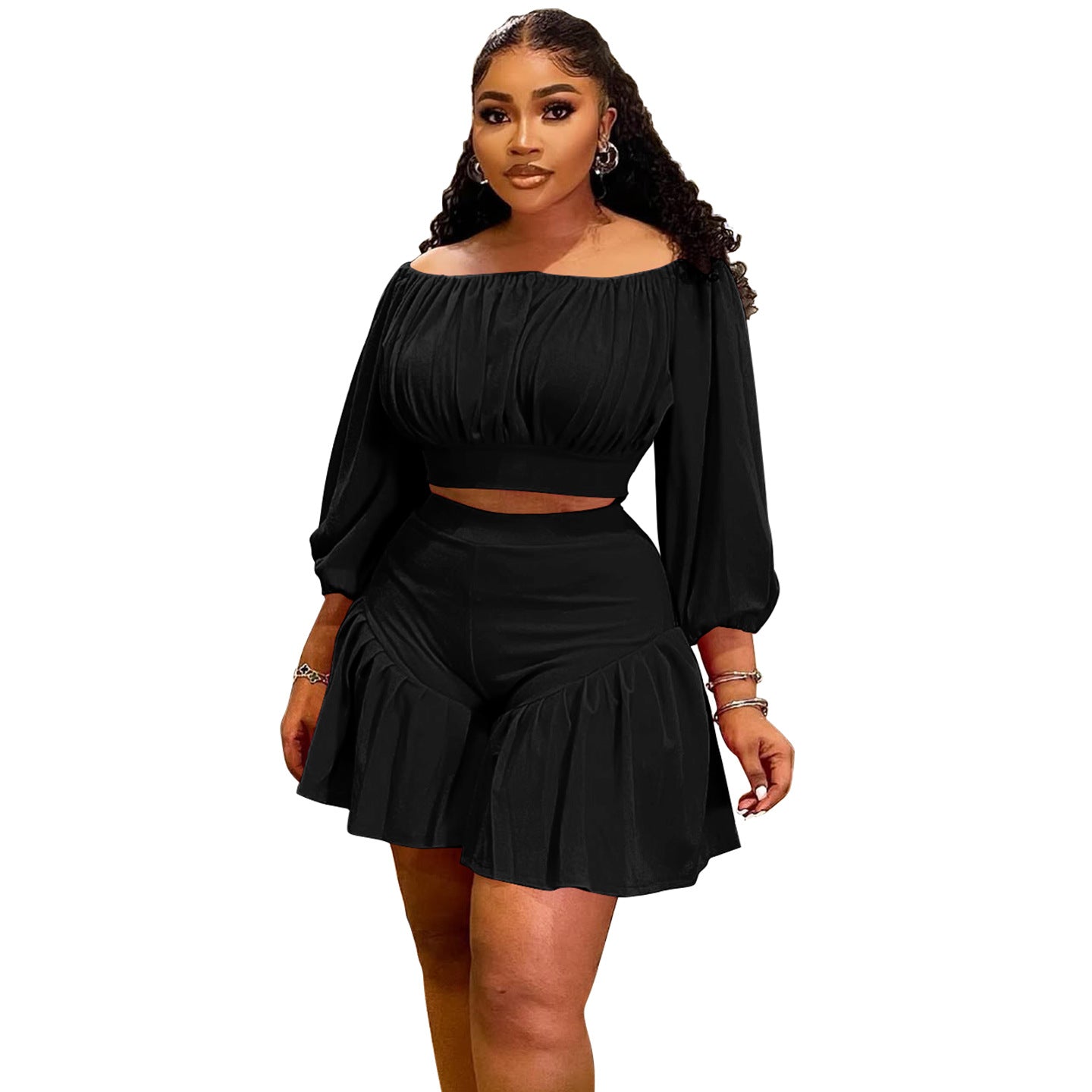 Plus-Size Off-Shoulder Pleated Two-Piece Set | 8 Colors
