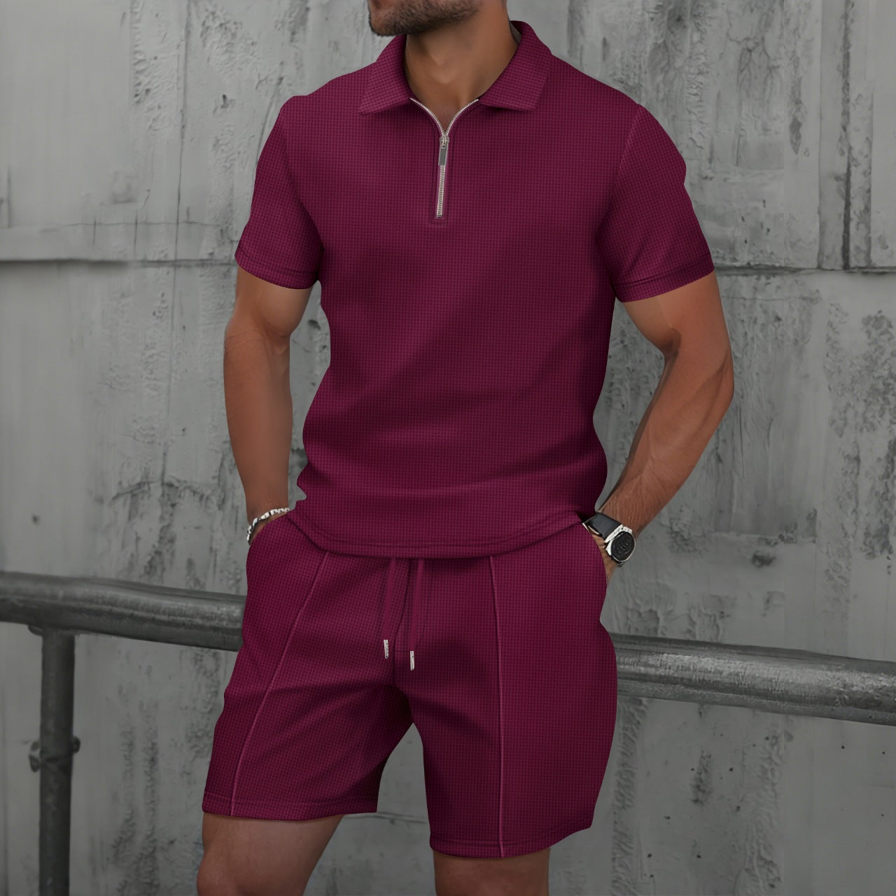 Mens Waffle Lapel T-Shirt and Shorts Wine red XXL