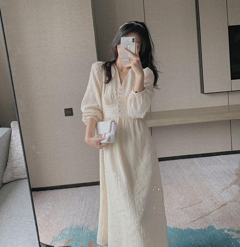 French Puff Sleeve Sequin Midi Dress
