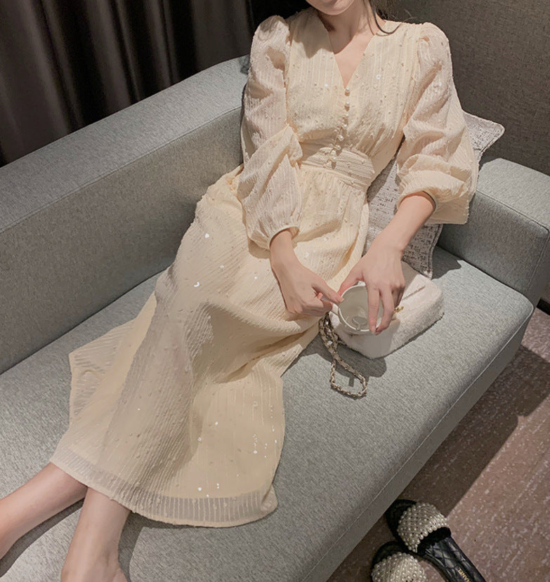 French Puff Sleeve Sequin Midi Dress