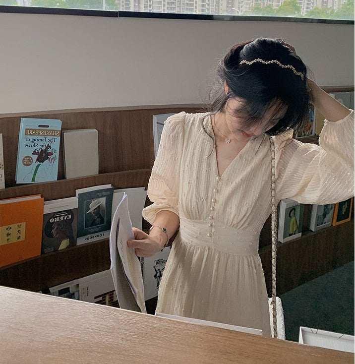 French Puff Sleeve Sequin Midi Dress