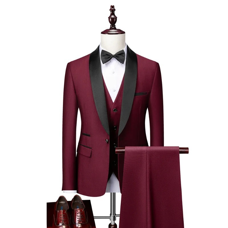 Men's Slim Fit Three-Piece Casual Suit – One-Button, 13 Colors Burgundy US Size XL Asian 4XL