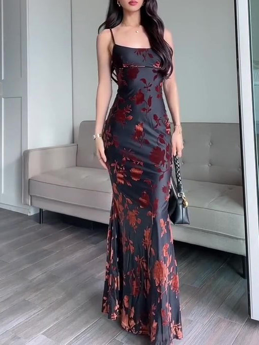 Flocked Strappy Maxi Dress - Slim Fit Evening Dress