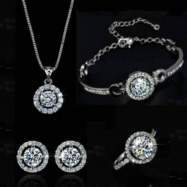 Silver Jewelry Set - Necklace Earrings Bracelet Ring 4-Piece