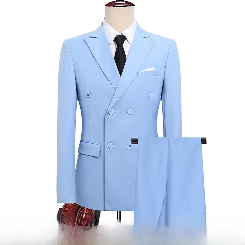 Men's Double-Breasted Slim Fit Suit – Peaked Lapel Light blue top pants Xl recommended to wear 60-65kg years old