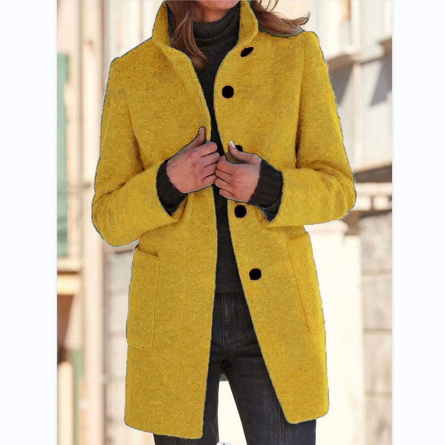 Women's Stand Collar Woolen Coat with Pockets