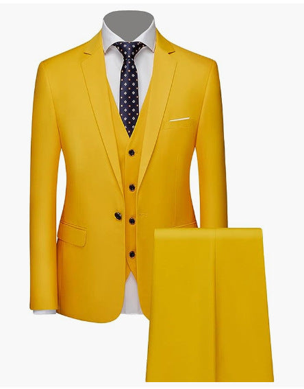 Men's Business Casual Three-Piece Suit – 24 Colors, Spring/Autumn Yellow 185-XXL
