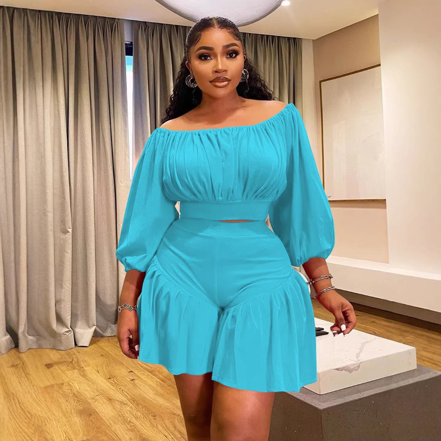 Plus-Size Off-Shoulder Pleated Two-Piece Set | 8 Colors