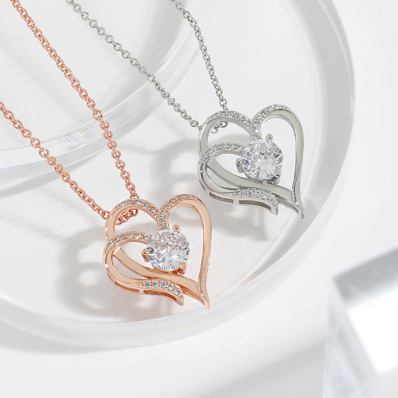 Double Love Heart Necklace - Zircon Rhinestone Clavicle Chain