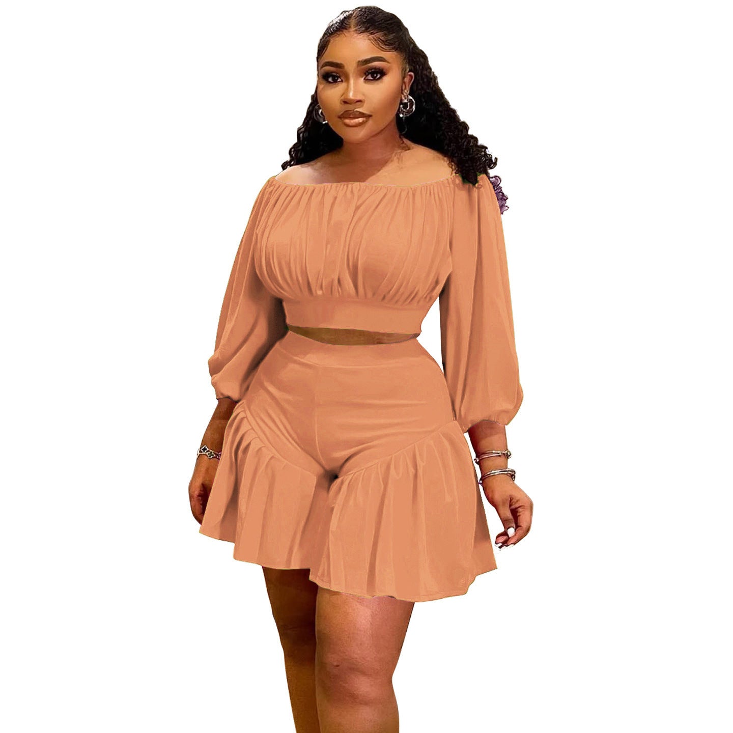 Plus-Size Off-Shoulder Pleated Two-Piece Set | 8 Colors