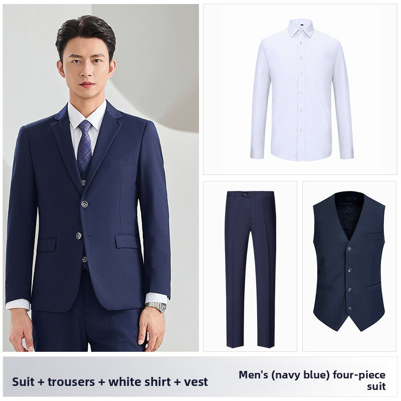 Men's Slim Fit Serge Two-Button Suit Mens navy blue suit+trousers+shirt+vest 5XL.