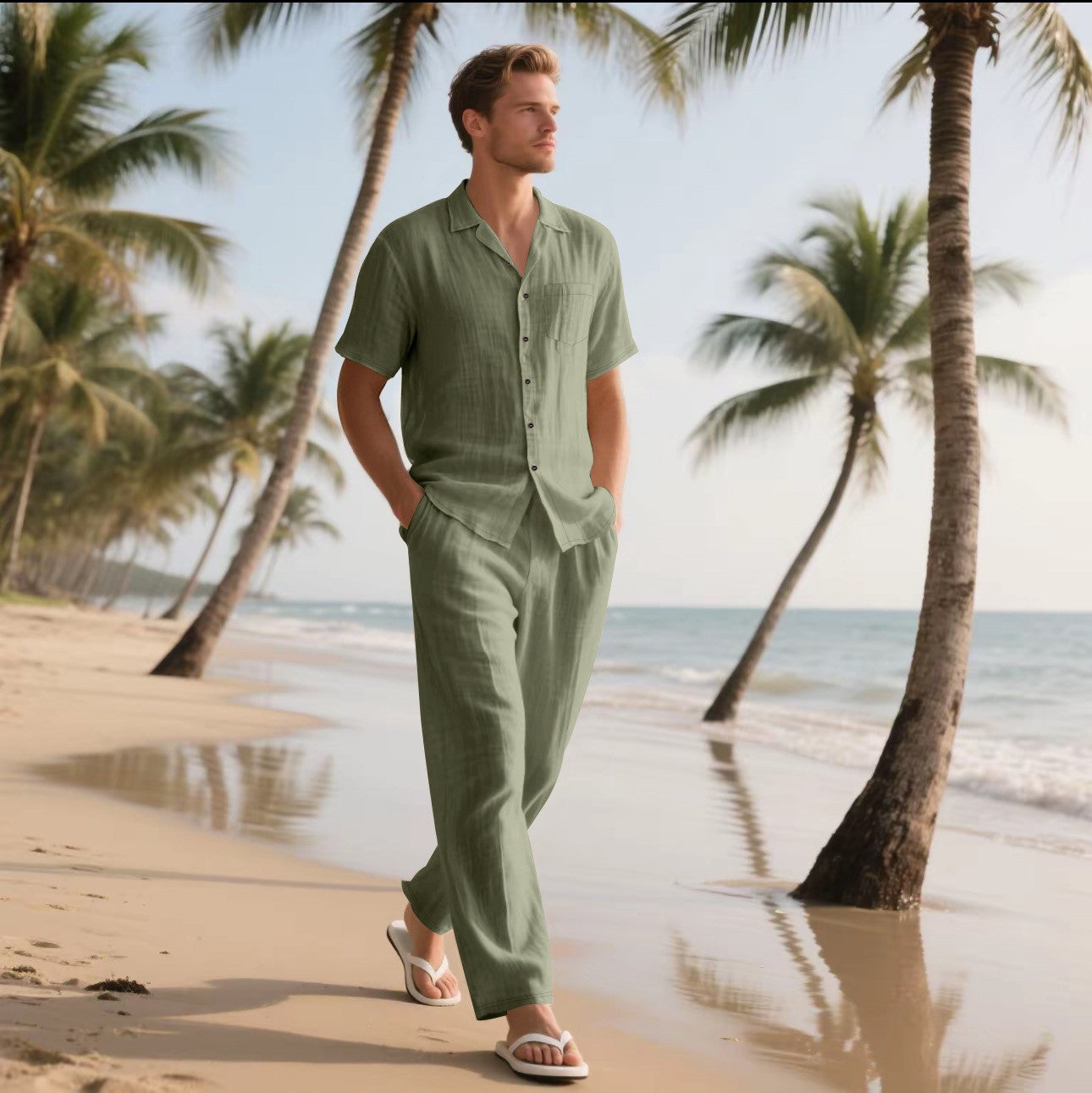 Men's Linen Short Sleeve Shirt and Trousers Set Army green XL