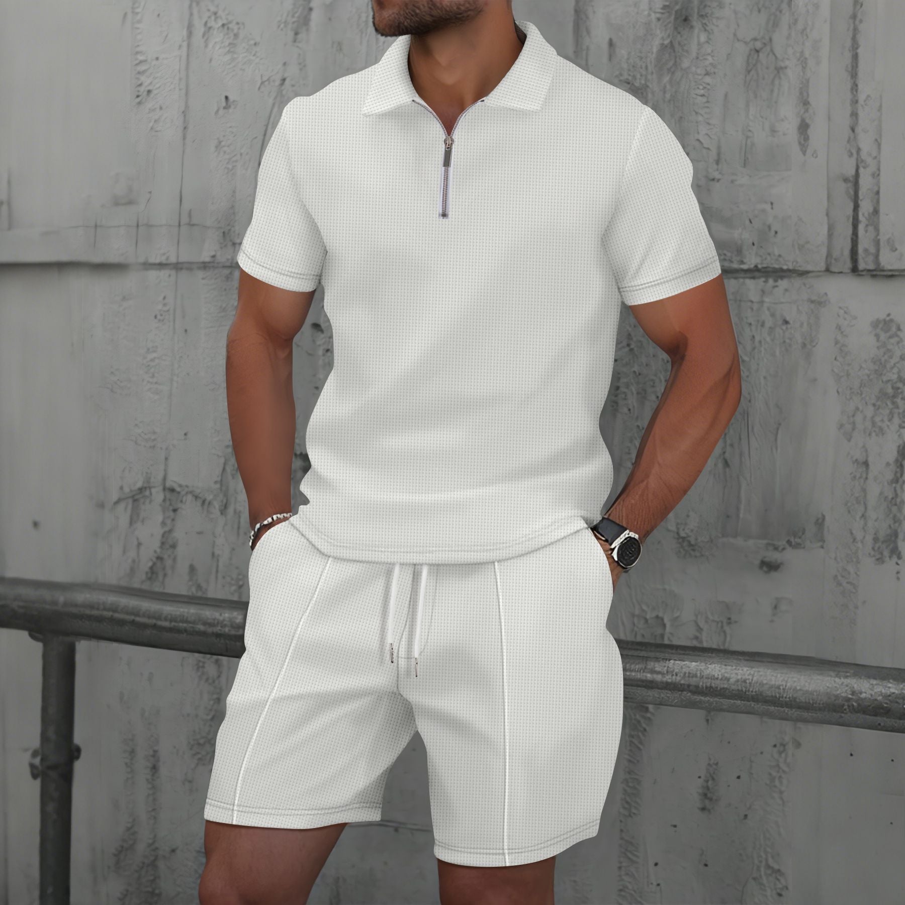 Mens Waffle Lapel T-Shirt and Shorts White XXL