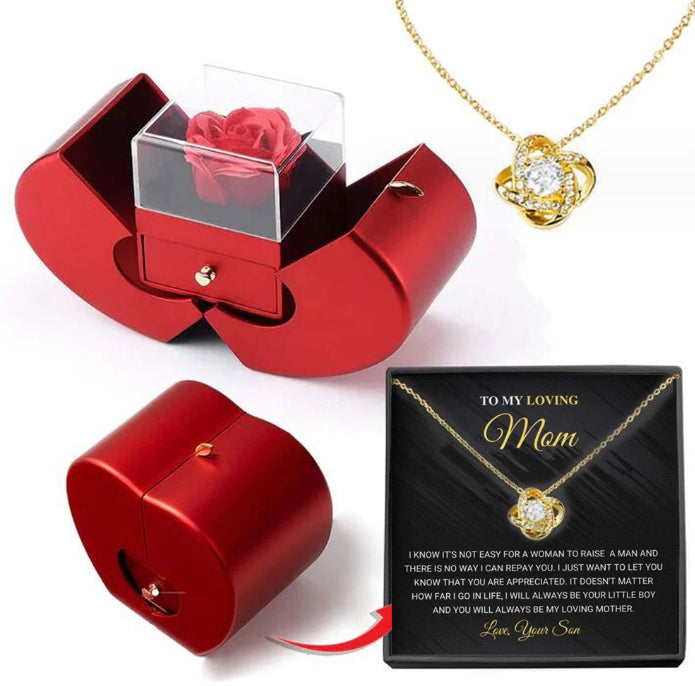 Red Apple Rose Jewelry Box - Eternal Flower Necklace Gift Set