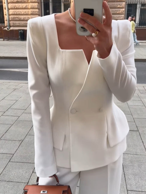 Two-Button Square Collar Blazer - Solid Color Tailored Jacket