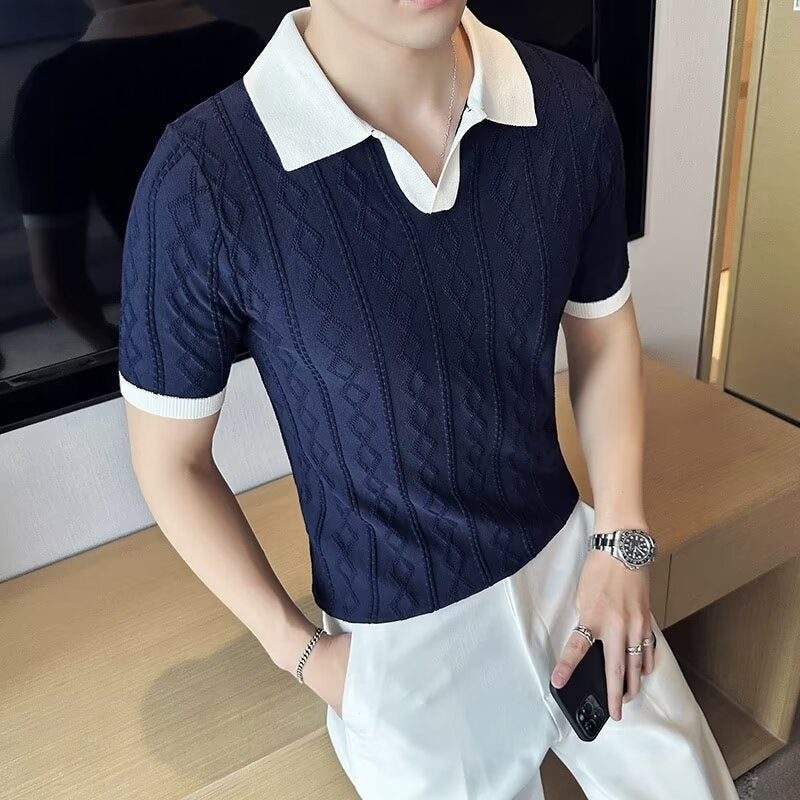 Men's Jacquard Lapel Polo | Contrast Color Slim Fit