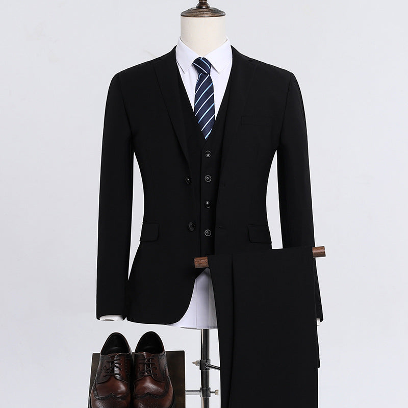 Men's Korean-Style Slim Fit Three-Piece Suit – Acetate Blend Black 2-Button Suit Shirt Trousers 5XL