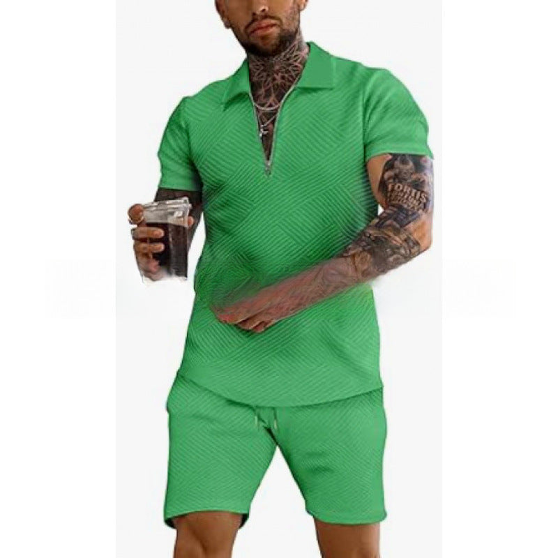 Mens Zipper Polo Shirt Short Sleeve Knit Suit TPLSJYSGSBLDTMD0142 2XL