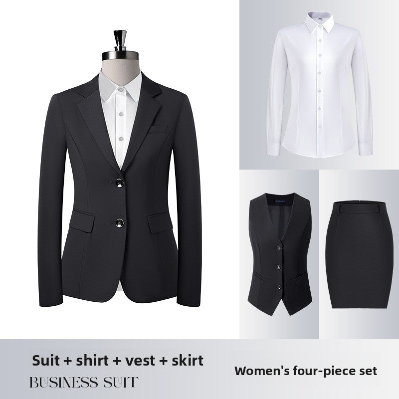 Men's Slim Fit Serge Two-Button Suit Womens black suit+skirt+shirt+vest 4XL