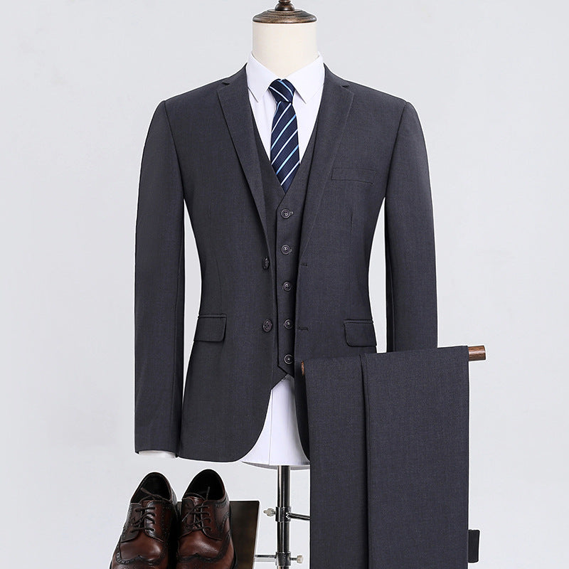 Men's Korean-Style Slim Fit Three-Piece Suit – Acetate Blend Gray 2-Button Suit Shirt Trousers 3XL