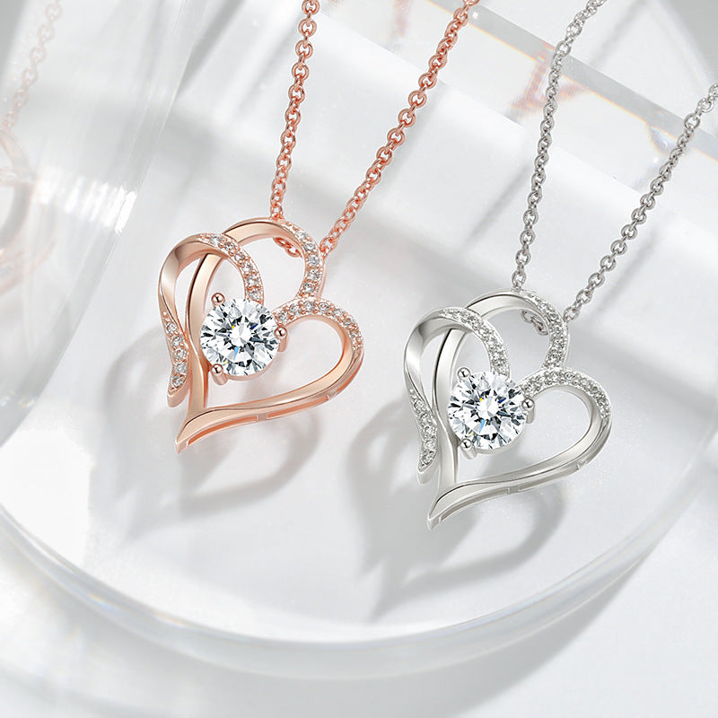 Double Love Heart Necklace - Zircon Rhinestone Clavicle Chain