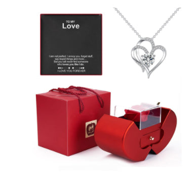 Red Apple Rose Jewelry Box - Eternal Flower Necklace Gift Set