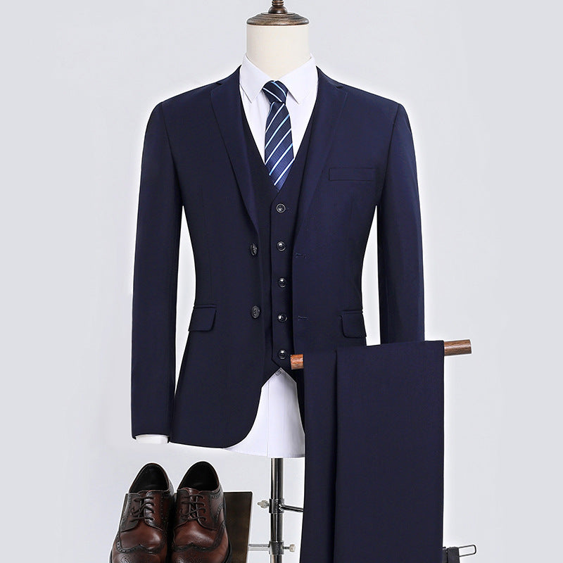 Men's Korean-Style Slim Fit Three-Piece Suit – Acetate Blend Navy 2-Button Suit Shirt Trousers M