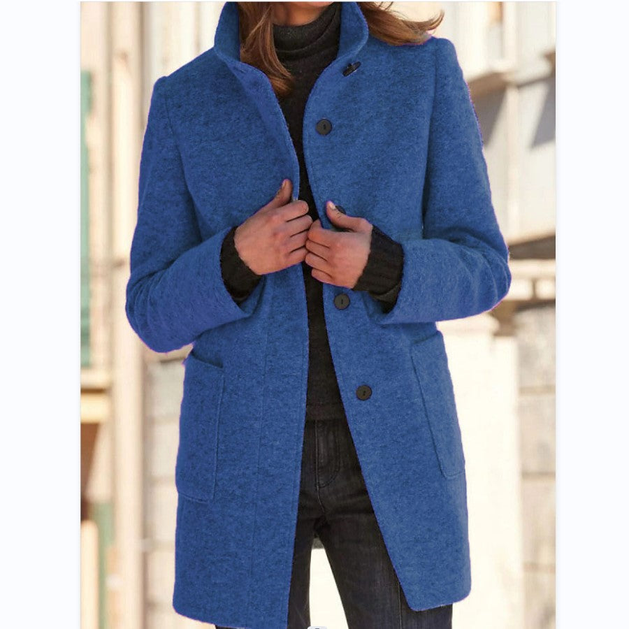 Women's Stand Collar Woolen Coat with Pockets