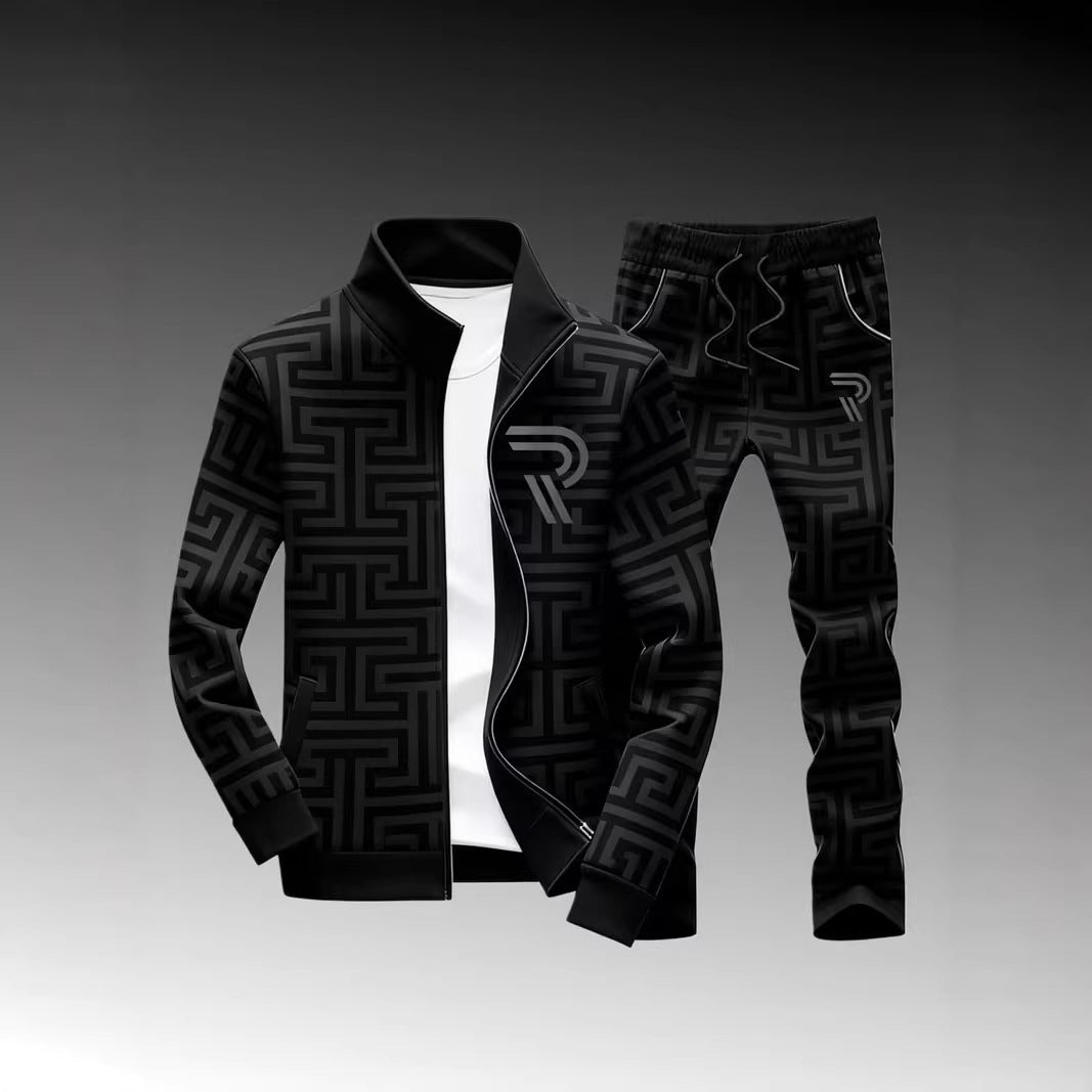 Men's Printed Zipper Jacket and Trousers Set