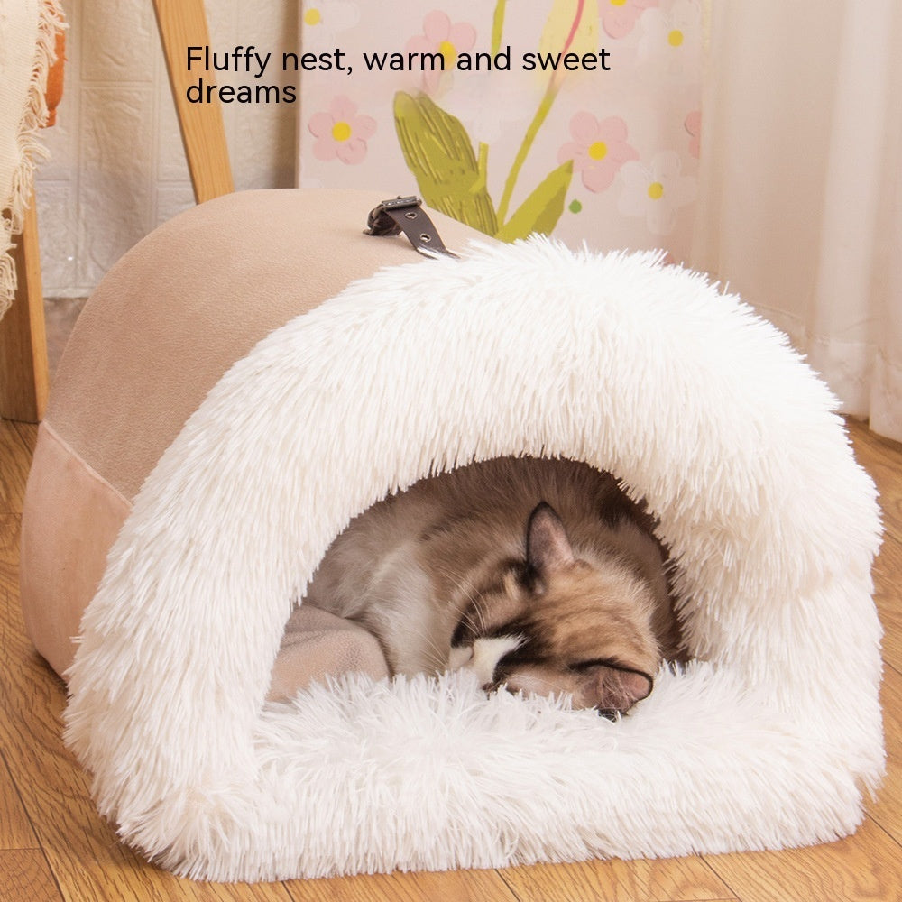 Portable Warm Pet Nest - Long Fur Winter Bed for Dogs & Cats
