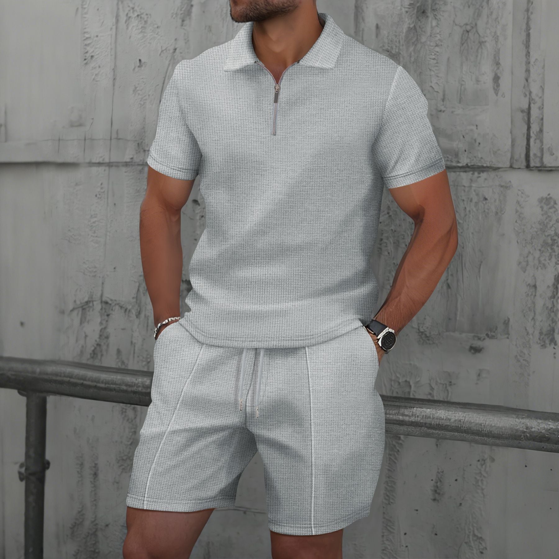Mens Waffle Lapel T-Shirt and Shorts Grey S