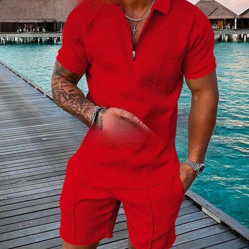 Mens Zipper Polo Shirt Short Sleeve Knit Suit