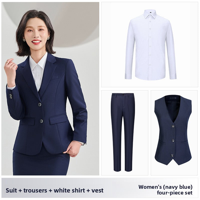 Men's Slim Fit Serge Two-Button Suit Female navy blue suit+trousers+shirt+vest XL