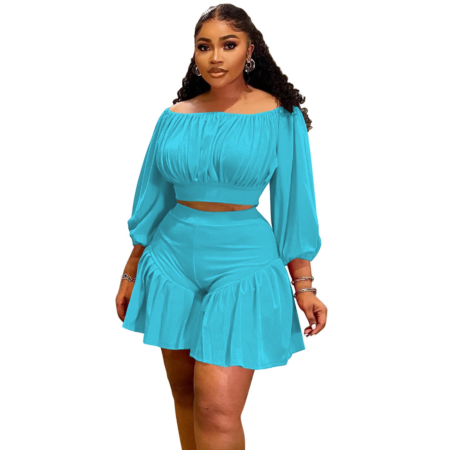Plus-Size Off-Shoulder Pleated Two-Piece Set | 8 Colors