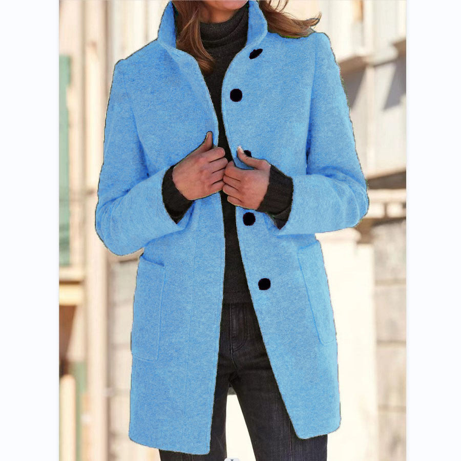 Women's Stand Collar Woolen Coat with Pockets
