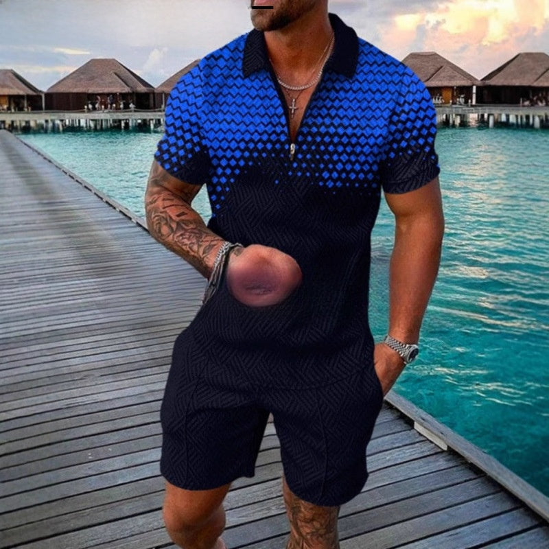 Mens Zipper Polo Shirt Short Sleeve Knit Suit