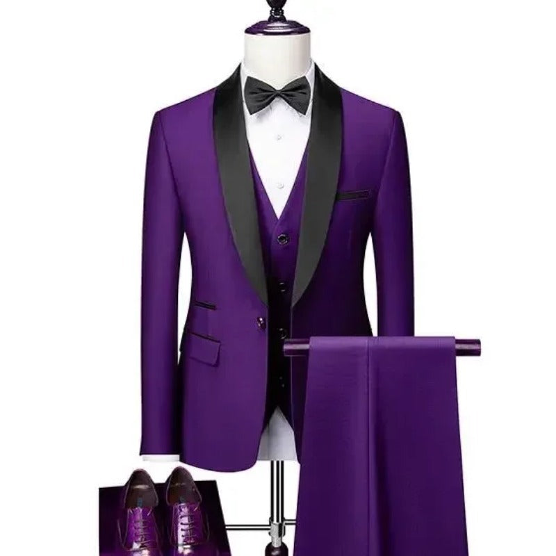 Men's Slim Fit Three-Piece Casual Suit – One-Button, 13 Colors Purple US Size XL Asian 4XL