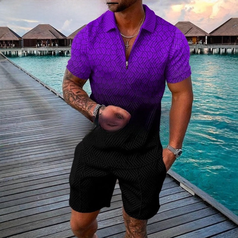 Mens Zipper Polo Shirt Short Sleeve Knit Suit