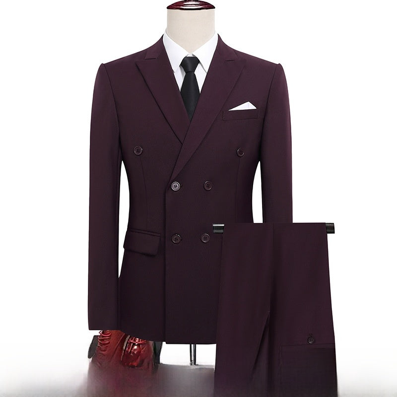 Men's Double-Breasted Slim Fit Suit – Peaked Lapel Dark red top pants Xxl65-72.5kg wear