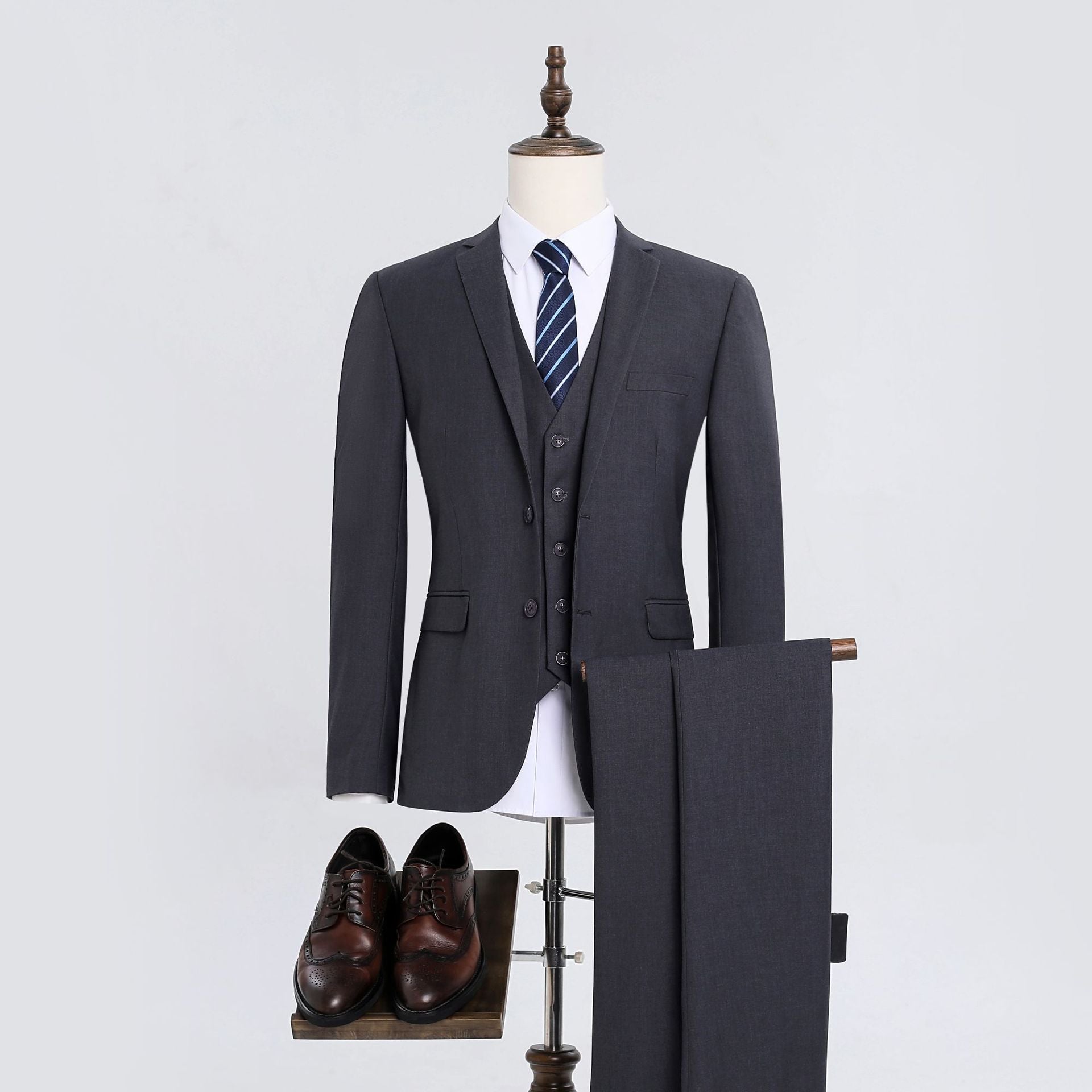 Men's Korean-Style Slim Fit Three-Piece Suit – Acetate Blend Gray 2-Button Suit Vest Trousers S