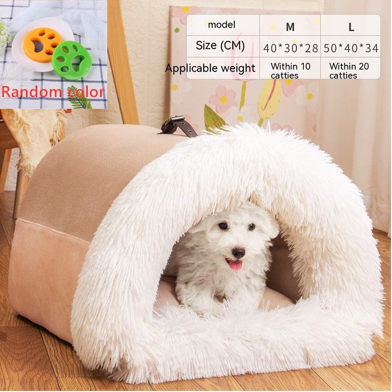 Portable Warm Pet Nest - Long Fur Winter Bed for Dogs & Cats