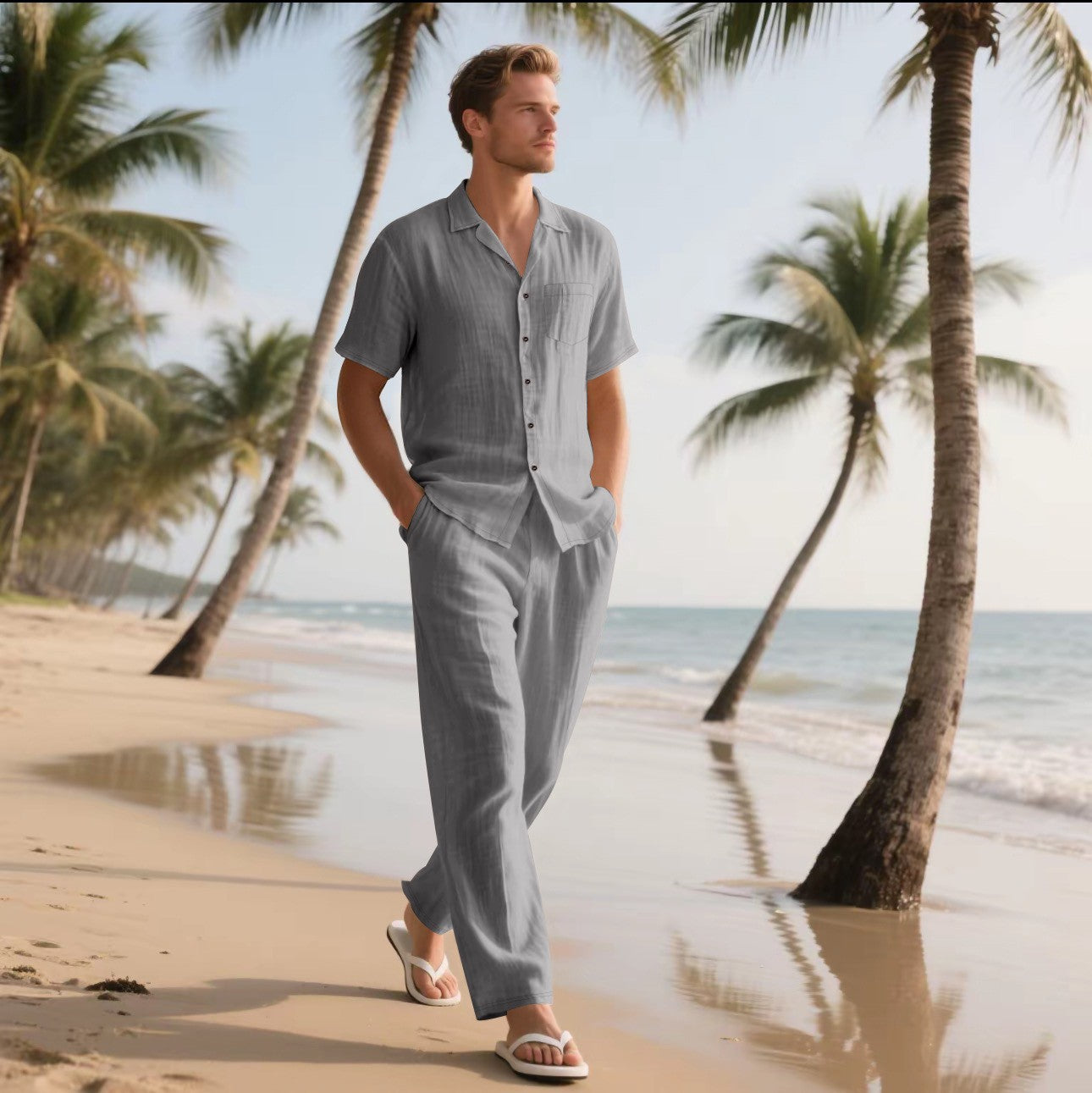 Men's Linen Short Sleeve Shirt and Trousers Set Grey XXXL