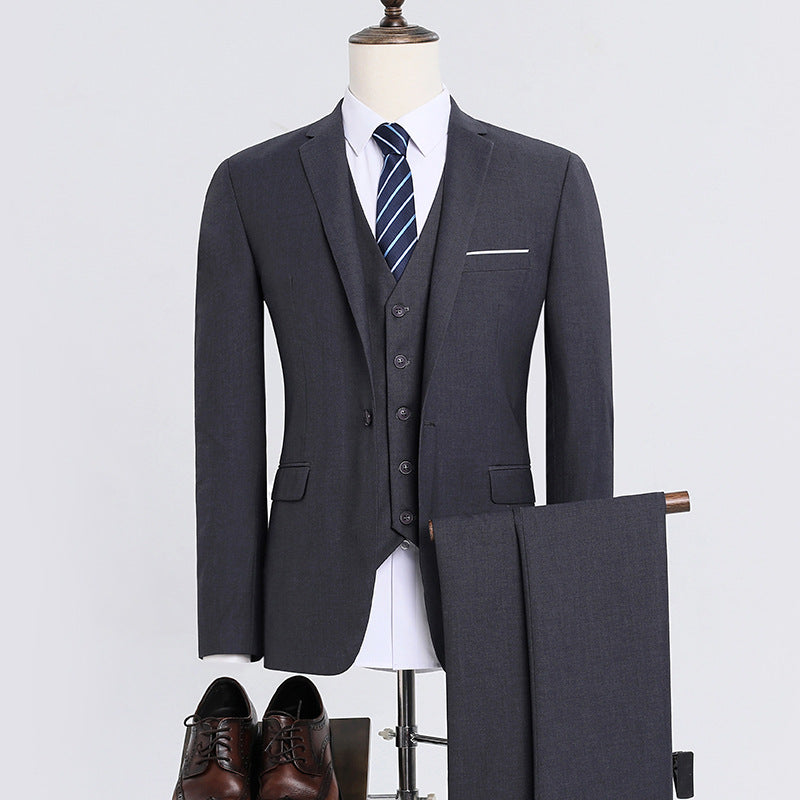 Men's Korean-Style Slim Fit Three-Piece Suit – Acetate Blend Gray 1-Button Suit Shirt Trousers XL