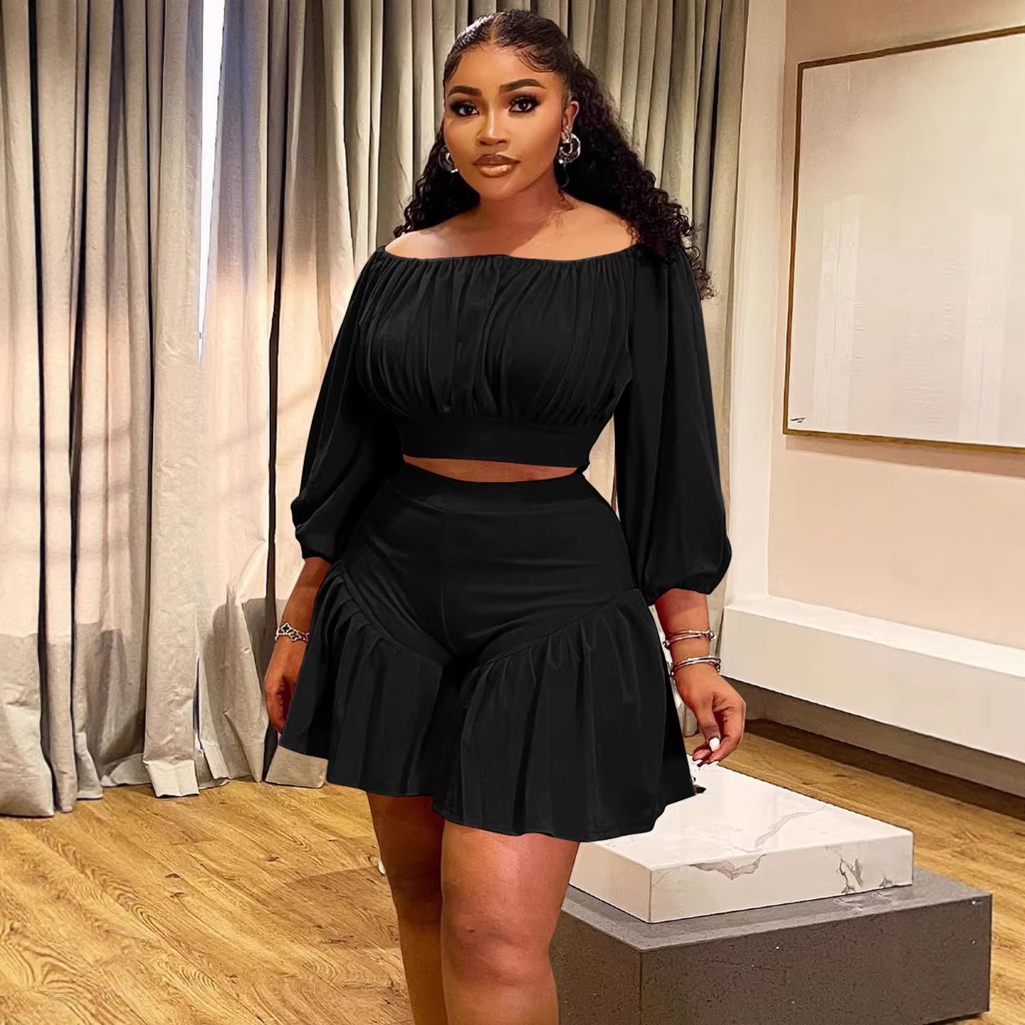Plus-Size Off-Shoulder Pleated Two-Piece Set | 8 Colors