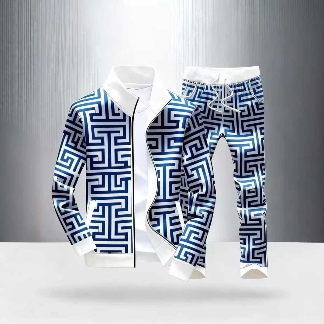 Men's Printed Zipper Jacket and Trousers Set